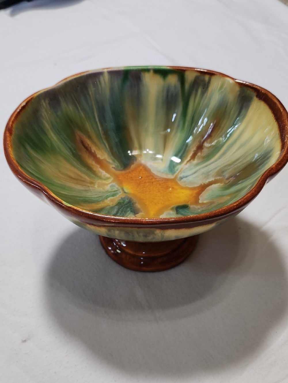 Handmade Drop Glaze Green and Gold Ceramic Pedestal Bowl